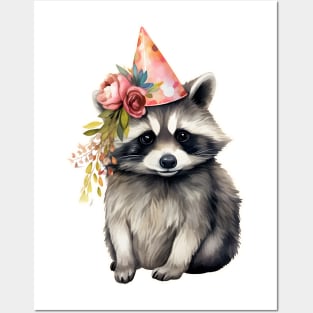 Raccoon in birthday cone hat Posters and Art